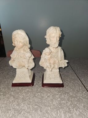 Source Unknown Ivory Religious Mary and Joseph Busts on Brown Bases